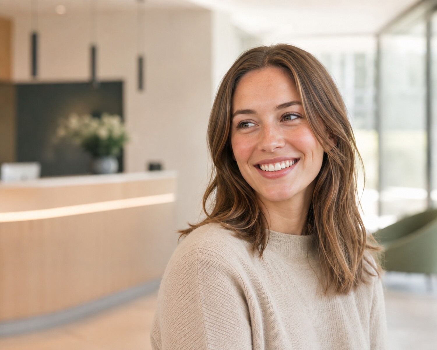 Lächelnde Patientin mit Digital-Smile-Design-Raster